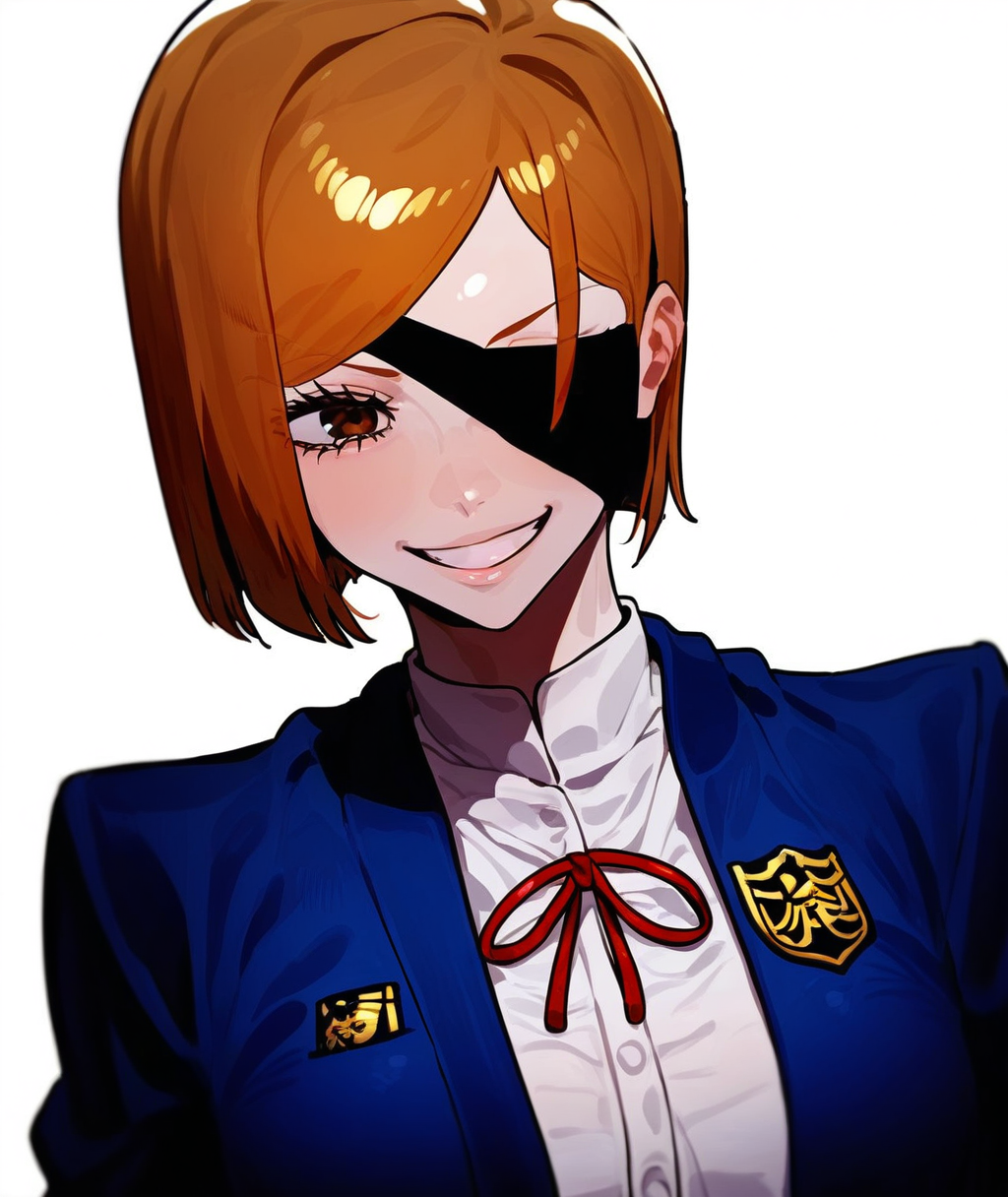 score_9, score_8_up. score_7_up,<lora:4barad44:1>,4barad44, score_9, 4barad44, 1girl, kugisaki nobara, eyepatch, smile, short hair, brown hair, white background, jujutsu tech uniform, brown eyes, simple background, school uniform, one eye covered, looking at viewer, grin, jacket, upper body
