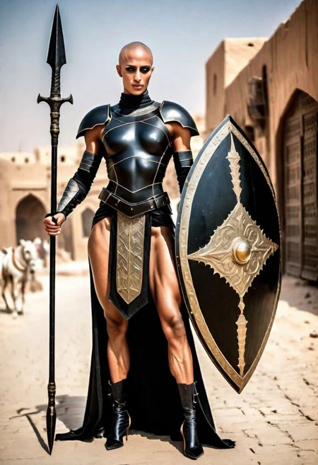 very tall broad shouldered extremely muscular woman bald hairless young masculine arab woman with no eyebrows glossy dark tanned skin wearing (full black plate armor) and carrying a shield and the (Spear of Blessings) in an arabian nights city, photo