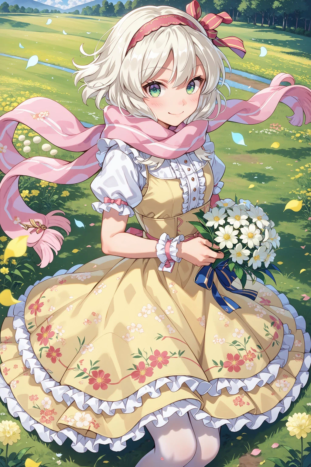 score_max, (score_9, score_8_up, score_7_up:1.2), score_6_up, official art,
masterpiece, absurdres, high detail, 8k,
flower field, dandelion, petals, wind, cowboy shot,
sitting on floor, holding bouquet, light smile, blush, looking at viewer,
ange, hair ribbon, hairband, pink scarf, white shirt, yellow dress, frilled dress, print dress, floral print, frills, puffy short sleeves, wrist cuffs, white pantyhose,
<lora:XL_Pony_gomaotsu-angelica-t1:0.9>