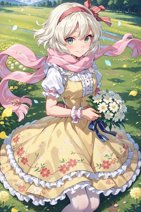 score_max, (score_9, score_8_up, score_7_up:1.2), score_6_up, official art,
masterpiece, absurdres, high detail, 8k,
flower field, dandelion, petals, wind, cowboy shot,
sitting on floor, holding bouquet, light smile, blush, looking at viewer,
ange, hair ribbon, hairband, pink scarf, white shirt, yellow dress, frilled dress, print dress, floral print, frills, puffy short sleeves, wrist cuffs, white pantyhose,
<lora:XL_Pony_gomaotsu-angelica-t1:0.9>