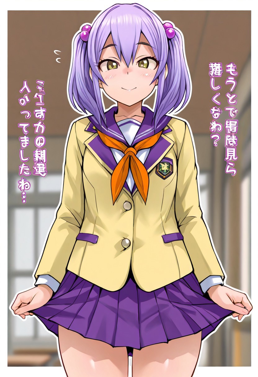 masterpiece, best quality, very aesthetic, 
1girl, female focus, white border, 
purple hair, twintails, hair bobbles,
yellow blazer, school uniform, orange neckerchief, purple skirt, white shirt, 
oreteki18kinstyleblendilattempt1