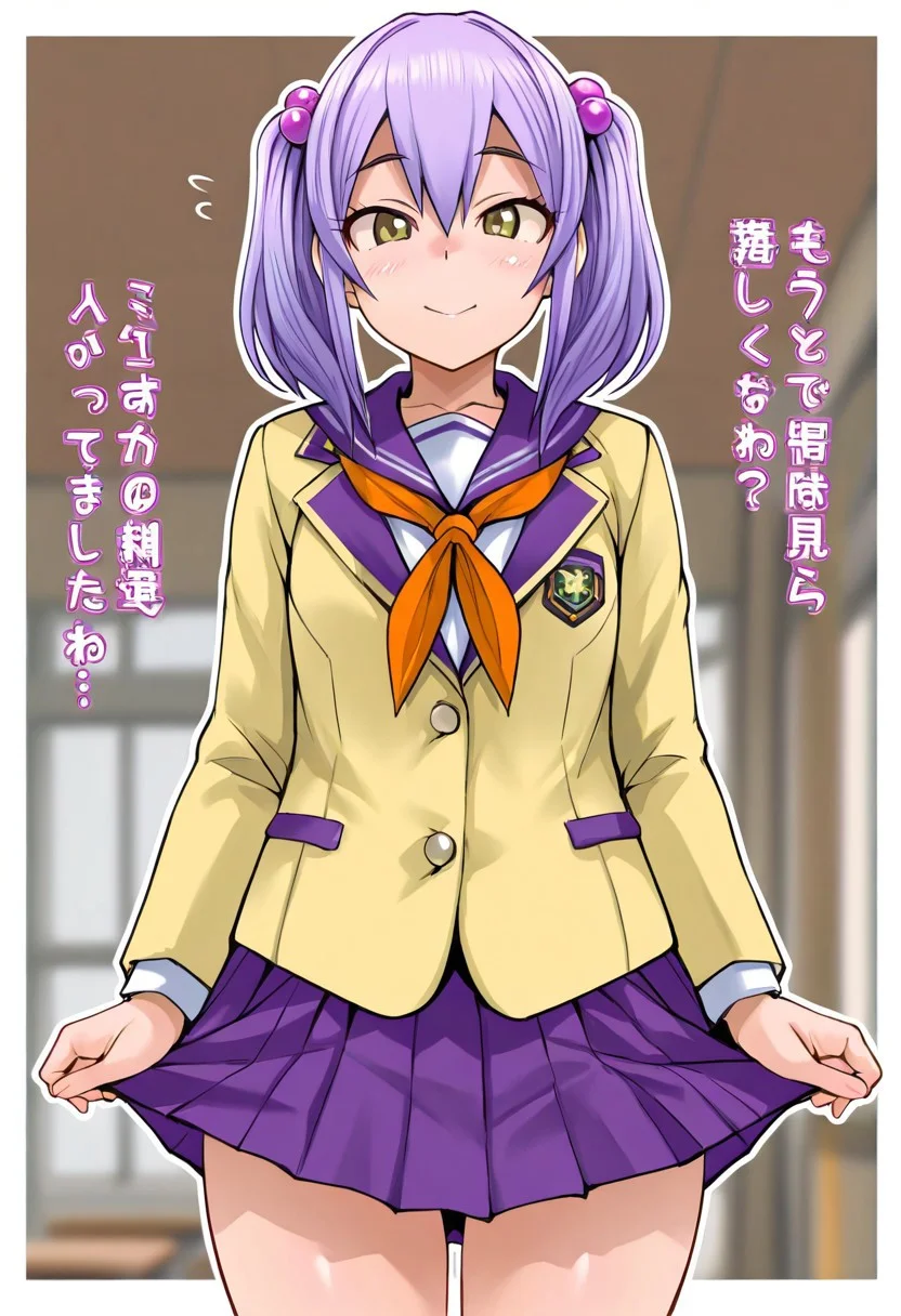 masterpiece, best quality, very aesthetic,
1girl, female focus, white border,
purple hair, twintails, hair bobbles,
yellow blazer, school uniform, orange neckerchief, purple skirt, white shirt,
oreteki18kinstyleblendilattempt1