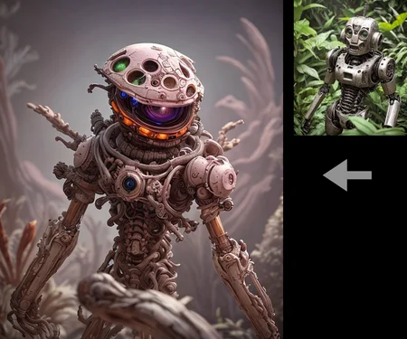 (<stardeaf-inkmage-orange>)0.78, (old robot, broken in jungle, covered with exotic plants, realistic photo, soft light, sharp focus, depth of field)0.92,