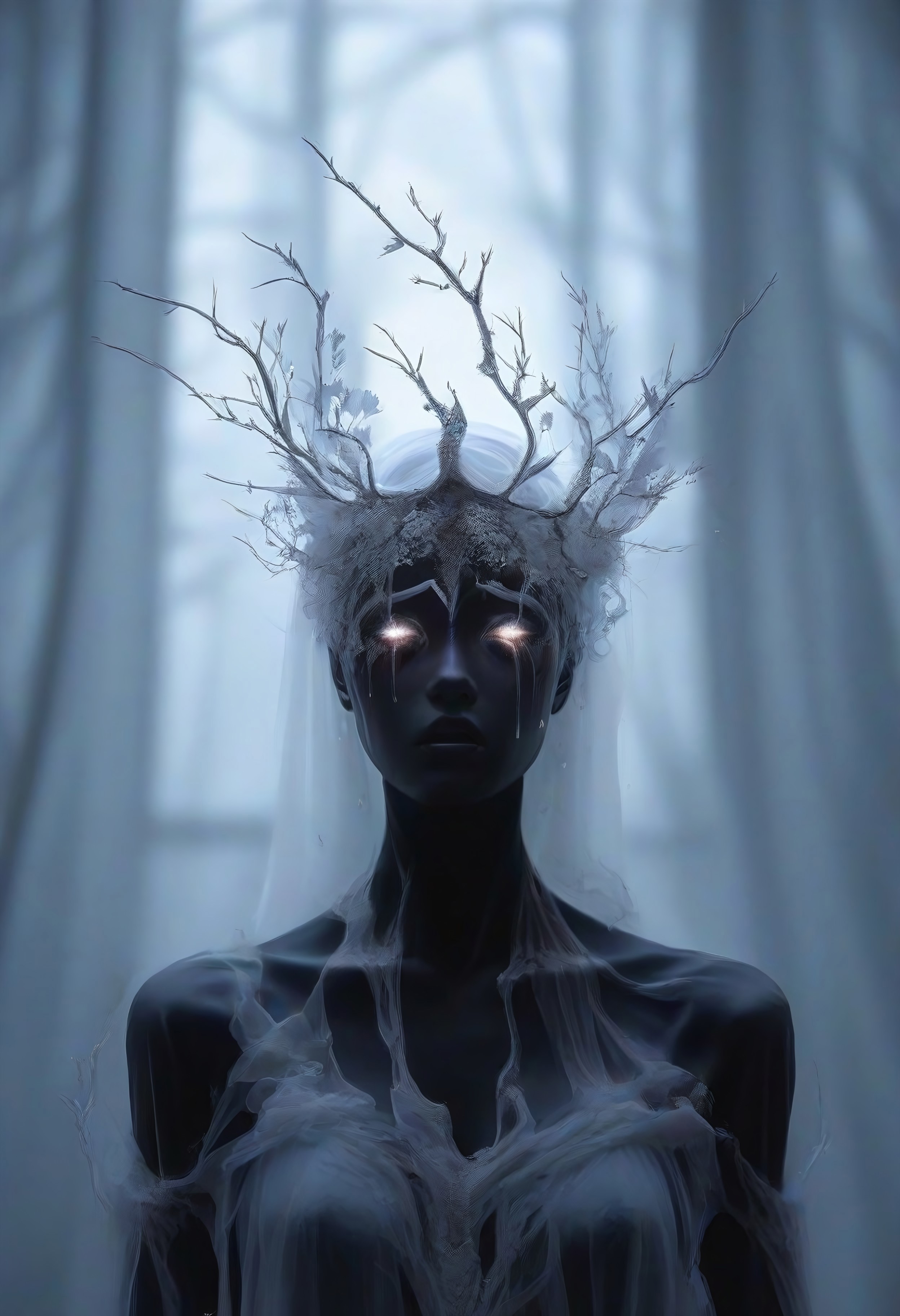score_9, score_8_up, score_7_up, BREAK, The image is a high-resolution photograph of a person's face, taken in a dramatic, almost surreal style. The subject is a woman with black hair, a fair complexion and striking features. Her body is covered with a black translucent fabric that drapes over her shoulders, creating a ghostly, ethereal effect, which contrasts sharply with the black skin and the black film, white tears, crying