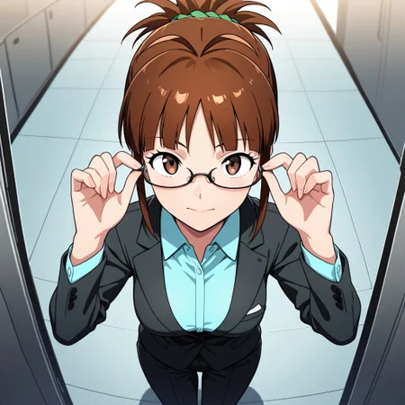 1girl, solo,
masterpiece, best quality, newest, absurdres, highres,
akizuki ritsuko, suit, adjusting glasses, from above, looking at viewer