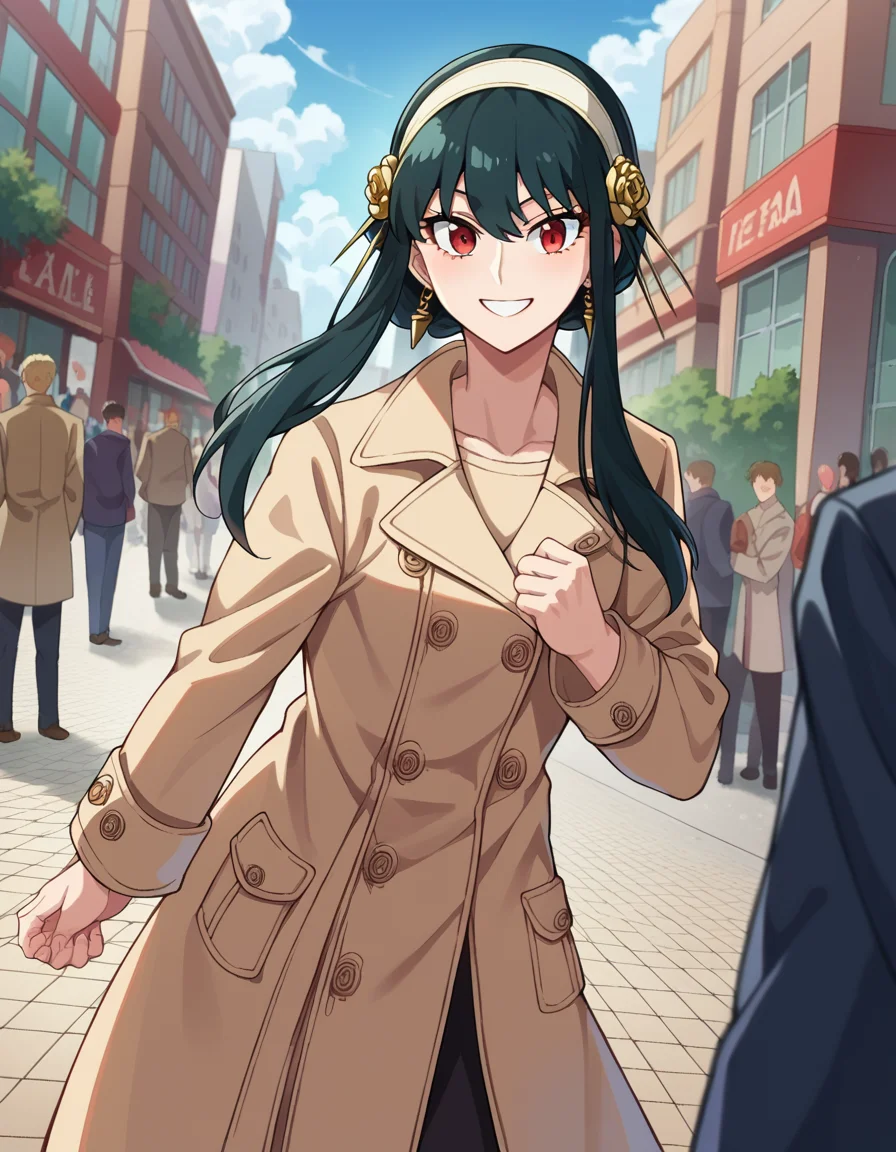 score_9, score_8_up, score_7_up, source_anime,
yorbriar, <lora:yor-briar-ponyxl-lora-nochekaiser:1>,
yor briar, black hair, red eyes, earrings, white hairband, hairband, long hair, sidelocks, smile,
coat, trench coat,
outdoors, cityscape, crowd, people, street,
looking at viewer, cowboy shot, dutch angle, dynamic pose,