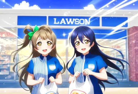 <lora:Koto-Umi-Riko-Shizu-Setsu-LLAS-LyCORIS-AnimagineXLV31-V16:0.4> <lora:add-detail-xl:0.33> <lora:detailed_notrigger:0.33> <lora:hand 4:0.17:lbw=Hand>
<lora:Dall_E-3_anime:0.17:lbw=DallE>
<lora:lawsoncollaboXL1:0.33:lbw=ALL26-OUTS> <lora:lawson.pony:0.33:0.7:lbw=OUTD26:stop=28>
(masterpiece, absurdres, very aesthetic:1.4), best quality, newest, perfect anatomy, perfect lighting, (depth of field, blurry background:1.3),
(sunbeam, light particles, sparkle, lens flare:1.4),
(2girls, multiple girls, side-by-side:1.2), looking at viewer, upper body,
big pupils, detailed eyes, large breasts, lips, :d, upper teeth only, long hair,
(Lawson:1.3), blue shirt, short sleeves, (vertical-striped shirt:0.8),
(lawsoncollabo:1.3), convenience store, storefront, plastic bag, (blue sky, cloud)
ADDCOMM
(kotori-llas:1.3)
ADDCOL
(umi-llas:1.3)