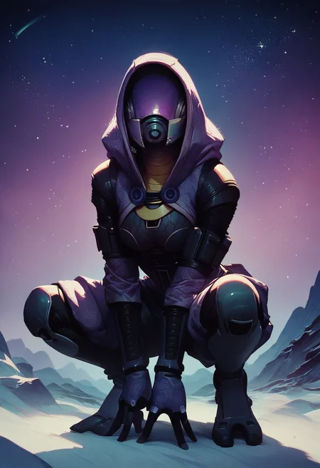 score_9, score_8_up, score_7_up, score_6_up,
1girl, HD, solo, tali, (tali'zorah), helmet, no face,
front view, squatting,
space background, mountain, stars, aurora