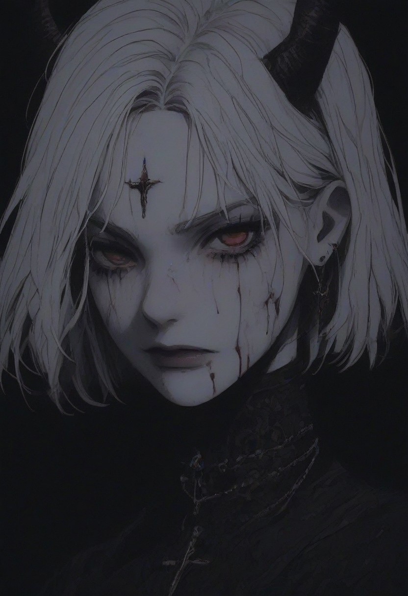 score_9, score_8_up, score_7_up, flat color, blood dripping from mouth, demon girl, demon horns, gthan, gothic, jewelry, red eyes, solo, blood, earrings, cross, 1girl, black background, looking at viewer, portrait, short hair, necklace, blood on face, cross necklace, simple background, spot color, closed mouth, white hair, cross earrings