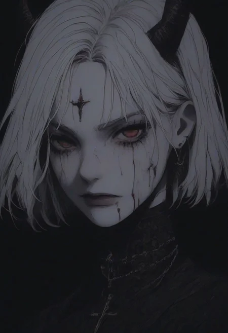 score_9, score_8_up, score_7_up, flat color, blood dripping from mouth, demon girl, demon horns, gthan, gothic, jewelry, red eyes, solo, blood, earrings, cross, 1girl, black background, looking at viewer, portrait, short hair, necklace, blood on face, cross necklace, simple background, spot color, closed mouth, white hair, cross earrings
