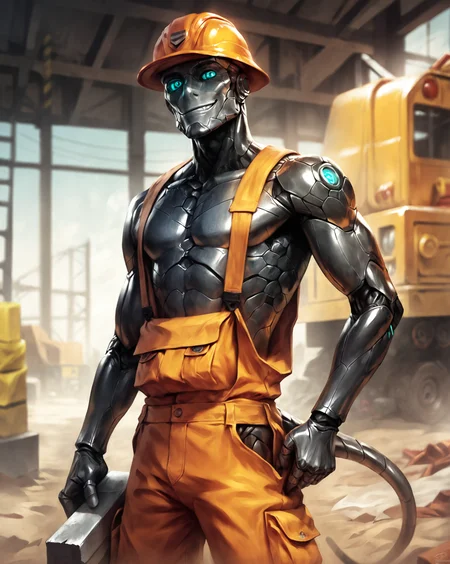 score_9, score_8_up, score_7_up, intricate details, rating_safe, science fiction,
<lora:CALM_PonyXL_4image_125steps:0.7>, calm style, source_cartoon, source_western,
humanoid robot, looking at the viewer, smiling, friendly face construction worker, hard hat, segmented, male carbon fiber, hexagon pattern, solo, looking at the viewer, cowboy shot, construction site, carrying a hammer, depth of field, detailed background,
<lora:ral-chrosc-clr:0.3>, ral-chrosc-clr,
<lora:xl_more_art-full_v1:0.3>,
<lora:add-detail-xl:0.3>