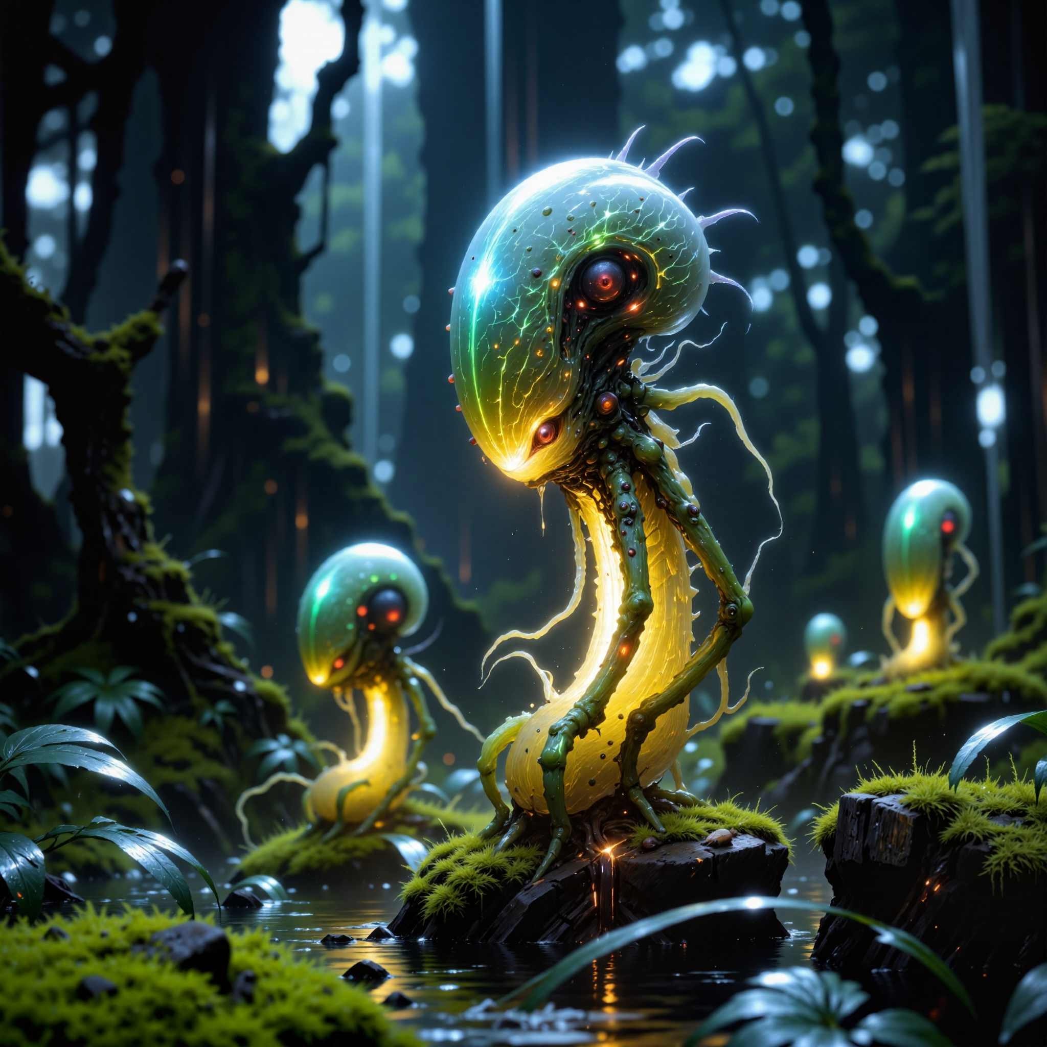 award-winning macro photo, short depth of field, hyper realistic, dim lighting, at night, bioluminescence, subsurface scattering, the elusive "rattling perguquill" is a gelatinous, semi-translucent blobiform, often found perched on the spindly stalks of the dripping "fogweaver moss" in the mist-cloaked wetlands of the remote world "plurmous ix". each drizzlepod crest features intricate frondal patterns that pulsate in mesmerizing chromoglowic displays. these tiny creatures feed on the microplumes of energy-rich vapors that rise from the moss itself, their gelatinous forms stretching and warbling with a surprising fairyfrongled elasticity. their habitat, an endless sea of mist, shimmering mossy stalks, and reflective dewbyglobules, creates an eerily serene, hinkleburging spectacle, highly detailed, intricate, detailed background, golden ratio, arsmjstyle, dnddarkestfantasy, in the style of ck-ovf, aidmafluxpro1.1, 
<lora:epic_gorgeous_details-balance-flux-by_flyway:0.48> 
<lora:style-mythic_fantasy-v2-flux-by_velvets:0.84> 
<lora:style-oneviolentfantasy-ep21-flux-by_chronoknight:0.68> 
<lora:flux_pro1.1_detailer-v0.2-flux-by_aidma:0.44>