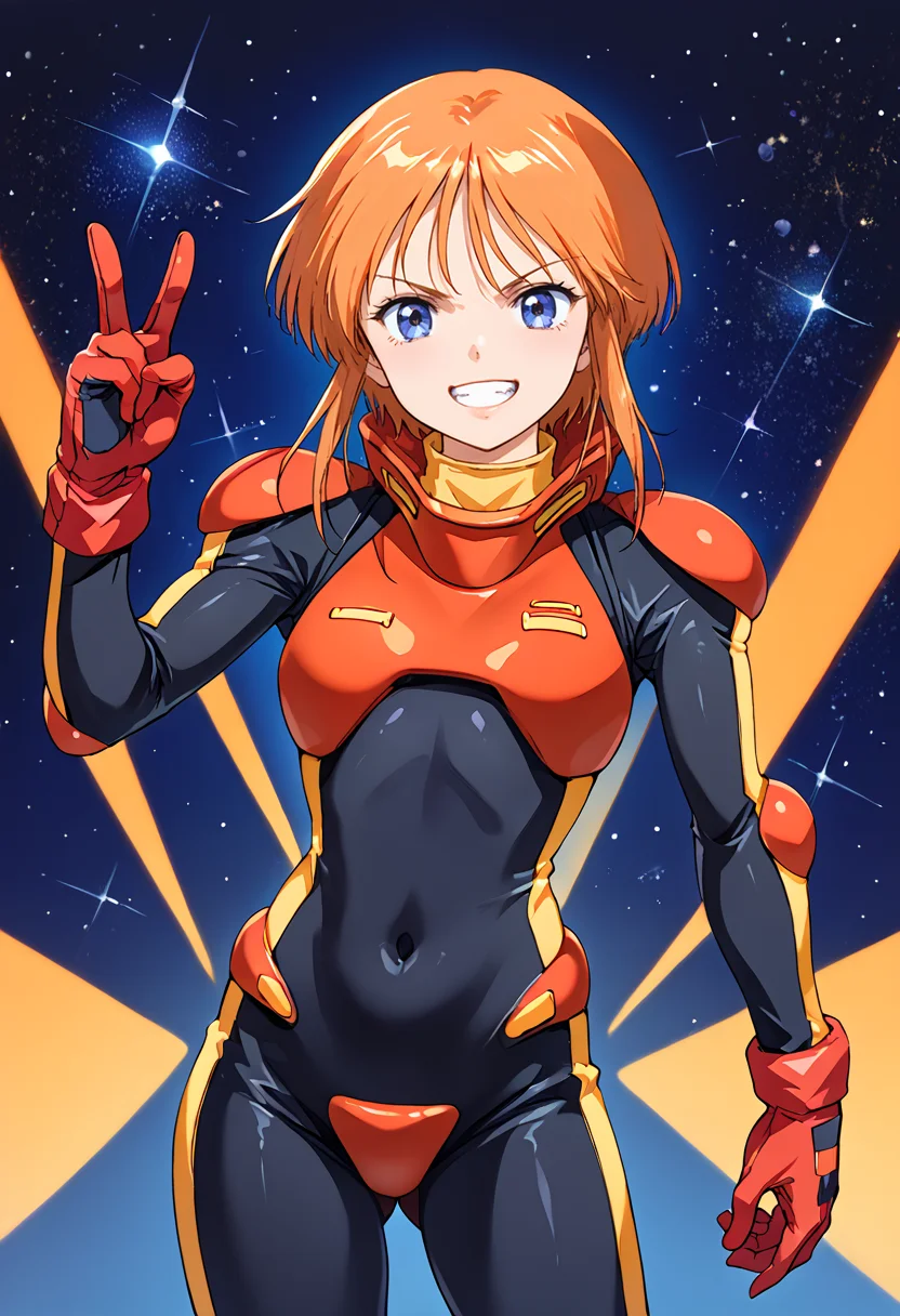 score_9, score_8_up, score_7_up, source_anime BREAK 1girl, solo, zz_pletwo, <lora:zz_pletwo:1>, (1990s\(style)\:0.3), cowboy shot, armor, pilot suit, black bodysuit, red gloves, orange hair, short hair, sidelocks, dark blue eyes, v-shaped eyebrows, looking at you, smile, grin, open mouth, (dynamic pose:1.2), space background