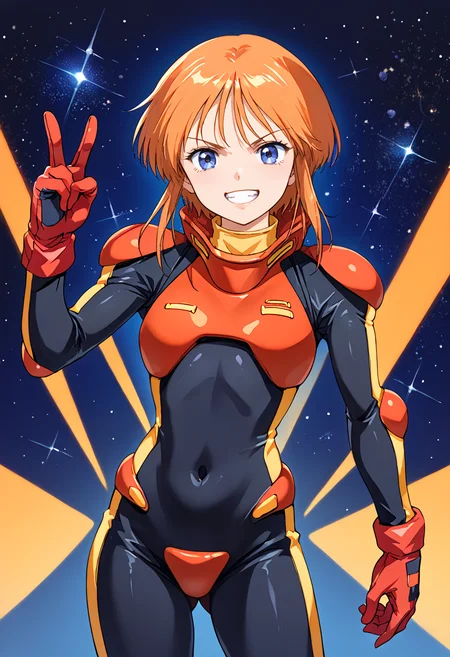 score_9, score_8_up, score_7_up, source_anime BREAK 1girl, solo, zz_pletwo, <lora:zz_pletwo:1>, (1990s\(style)\:0.3), cowboy shot, armor, pilot suit, black bodysuit, red gloves, orange hair, short hair, sidelocks, dark blue eyes, v-shaped eyebrows, looking at you, smile, grin, open mouth, (dynamic pose:1.2), space background