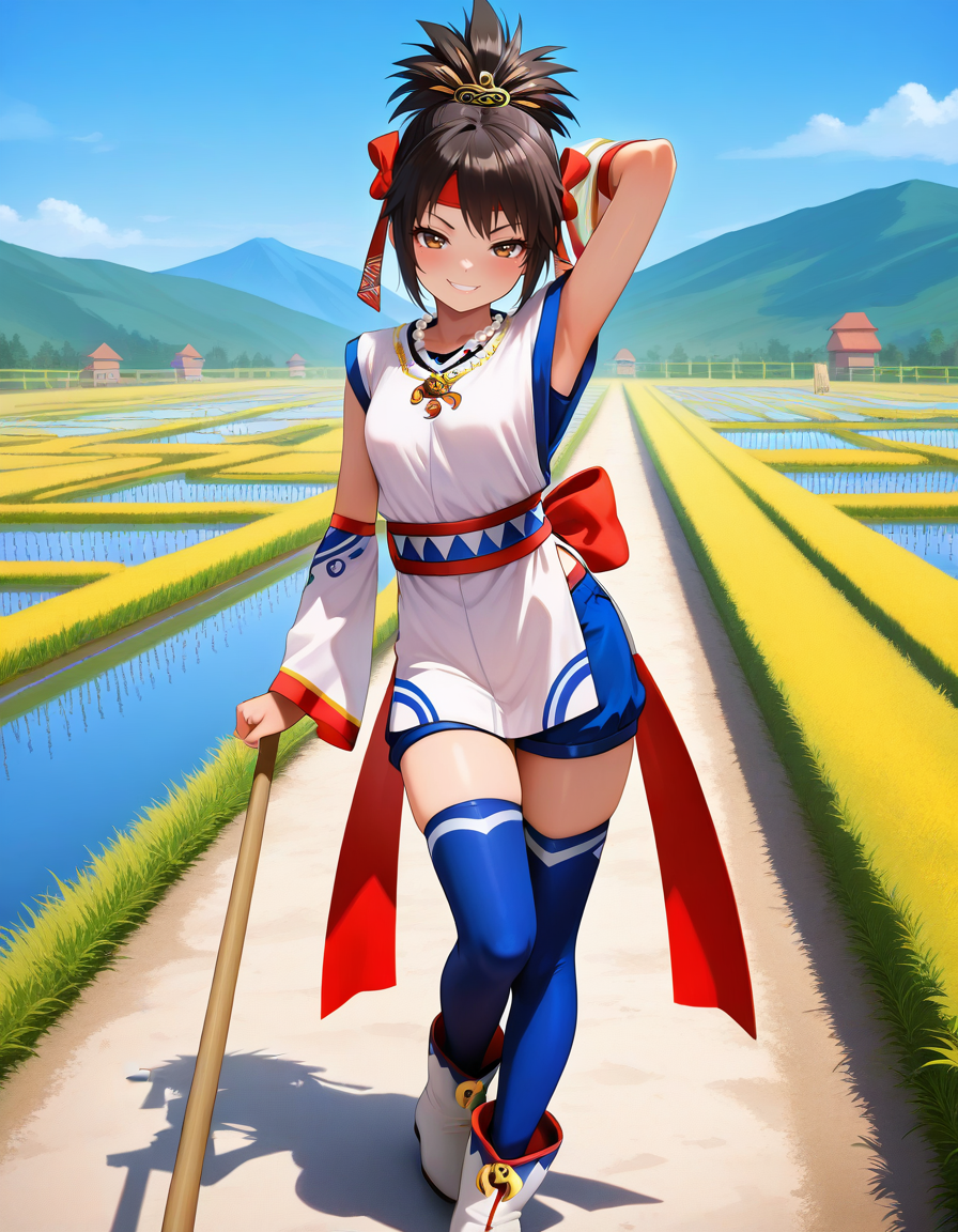 <lora:MusouOHimiko_SDXL_Illustrious01_fp16_ver03:1>,MusouOHimiko, 1girl, headband,ribbon, black hair,short hair, brown eyes,detached sleeves,shorts, blue thighhighs,ankle boots,necklace,sash,naughty face,arm_up,rice paddy, masterpiece, best quality, very aesthetic, absurdres,<lora:detailed_hands:1>,hand