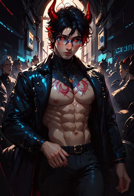 ((score_9, score_8_up, score_7_up,score_9, score_8_up, score_7_up)), (Masculine, Light/tan skin, Toned and 6'5 feet tall:1.4), 24 years old, Handsome face, smileface, perfect face, (((Black hair with neon red highlights))), ((Glowing neon Gold irises)), (Neon Red pupils), (White Sclera), shiny skin, Curley short haircut, ((2 spiral red horns)), (((Demon))), (Large muscle build), gages in ears, Neon tattoos on arms, wild hair, toned hips, ((fit look, large intelligent glasses)), ((Long Blue leather coat, dragon scale coat, black vest, black shirt, black pants)), shiny skin, living room , warm lighting, (no nsfw), lavish bar, stools, cowboy shot, alcohol, crowd, talking with hands