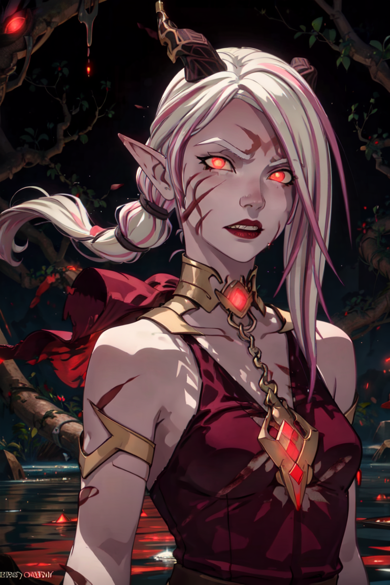 Bloodmoon Huntress, elf, horns, one broken horn, sharp teeth, (red background), (blood floating around subject, red magic, red magic floating around subject:1.5), (red glowing eyes:1.5), dark room, (realistic:1.2), (masterpiece:1.2), (full-body-shot:1),(Cowboy-shot:1.2), dark romantic lighting, (highly detailed:1.2), (detailed face:1.2), (gradients), colorful, detailed eyes, (natural lighting:1.2), solo, <lora:add_detail:0.3> <lora:DragonPrince_BloodmoonHuntress-10:0.7> <lora:BeautifulEyes:0.3>