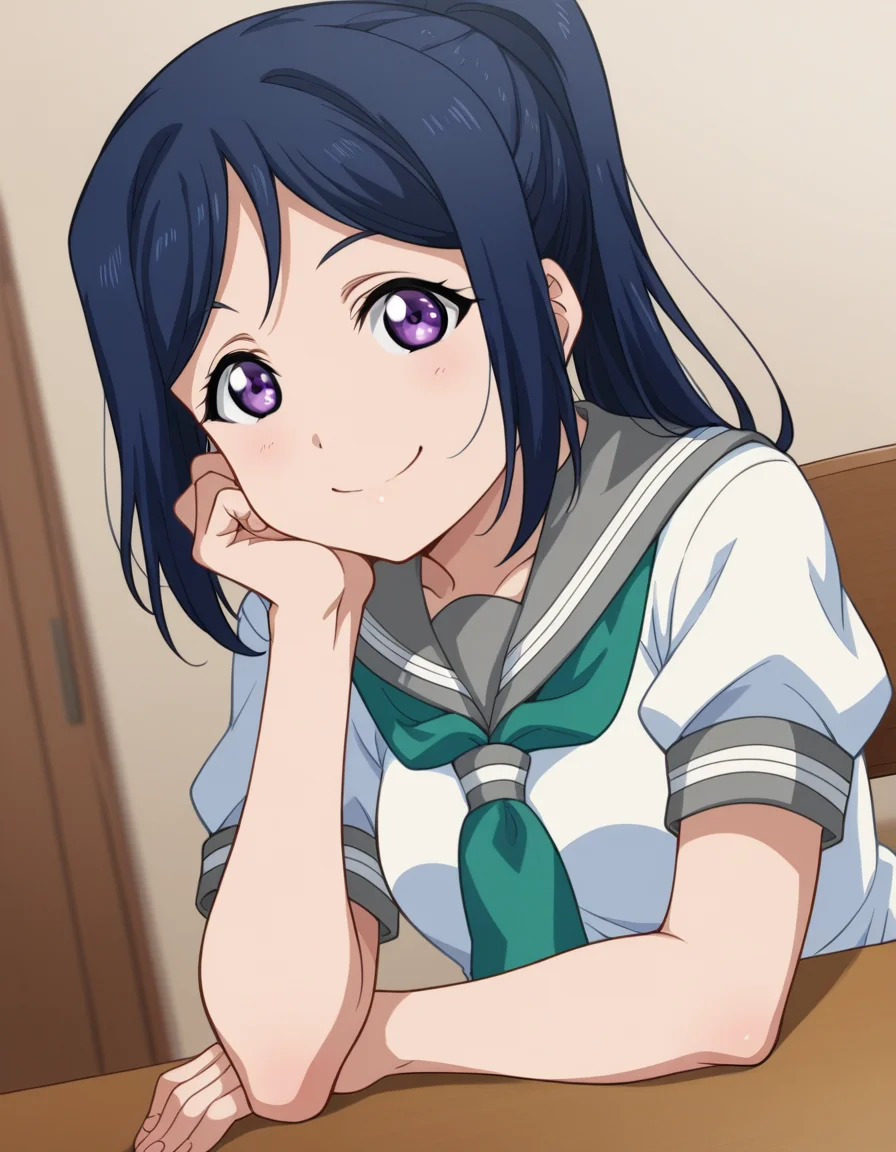 score_9, score_8_up, score_7_up, source_anime, <lora:kanan-matsuura-s2-ponyxl-lora-nochekaiser:1>, kanan matsuura, long hair, blue hair, purple eyes, ponytail, sidelocks,, skirt, school uniform, short sleeves, pleated skirt, serafuku, socks, neckerchief, kneehighs, black socks, green neckerchief, grey skirt, uranohoshi school uniform,, indoors, smile, looking at viewer, solo, sitting, head rest, table,, cowboy shot, dutch angle