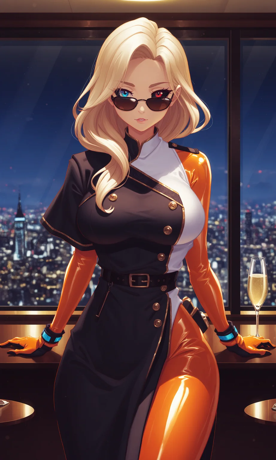 masterpiece, best quality, amazing quality, klskx, (nsfw, explicit:0.7), cowboy shot, 1girl, solo, hair, long hair, detailed eyes, multicolored eyes, heterochromia, black sclera, red eyes, blue eyes, eyebrows, eyelashes, orange latex suit, sleek black belt, orange gloves, sunglasses, glossy reflections, standing, shoulder to window, gazing at city skyline,
luxury penthouse, floor-to-ceiling windows, city skyline at night, modern furniture, champagne on the table, dim moody lighting, intricate details, blurry background, depth of field <lora:klskx_wai:0.8> <lora:spo_sdxl_10ep_4k-data_lora_webui:2.0>