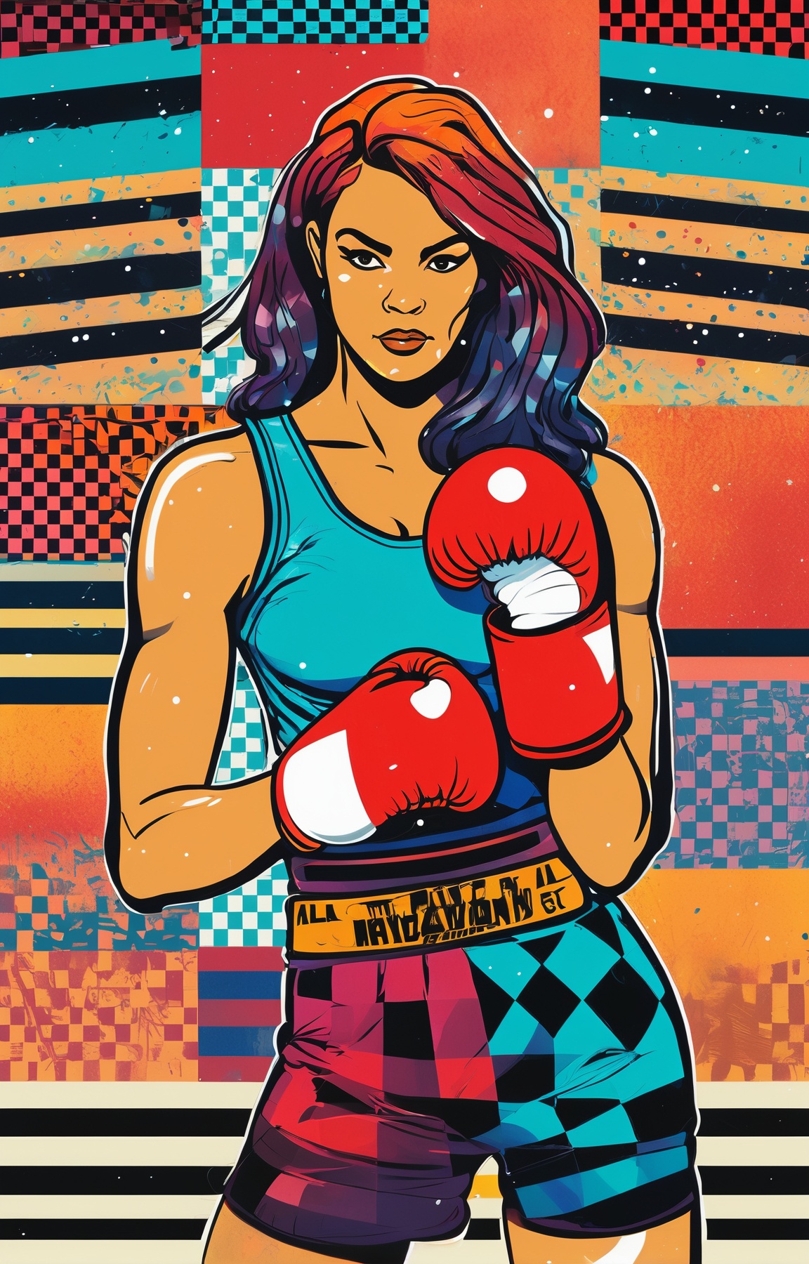 concept art collage patterns vibrant colors, a tough female boxer in a boxing ring wearing boxing gloves, checkerboard, diagonal stripes, houndstooth, diagonal stripes, <lora:Tomat:0.8> cosmic, check, geometric gradients . digital artwork, illustrative, painterly, matte painting, highly detailed