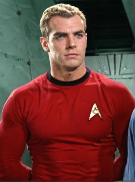 Handsome, masculine, blonde, star trek, red shirt, muscle, tall, tight shirt,