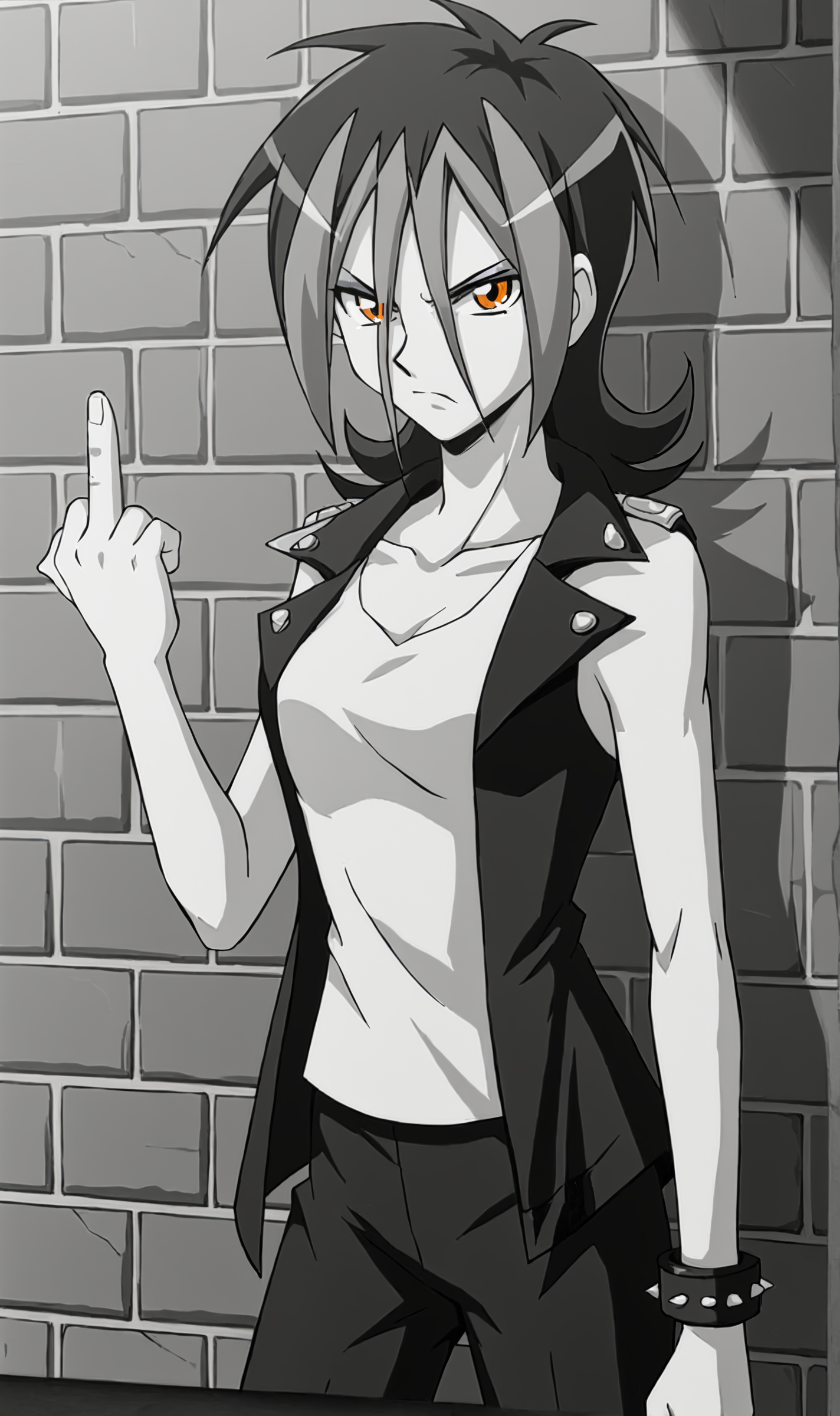 Dextra, 1girl, solo, multicolor hair, messy hair, orange eyes, eyeshadow, leather biker coat, white tank top, leather pants, spikes, chains, alleyway, brick walls, dark, shadows, leaning against wall, looking at viewer, angry, hand up, middle finger extended, monochrome, greyscale, <lora:Dextra Pony XL:0.8>