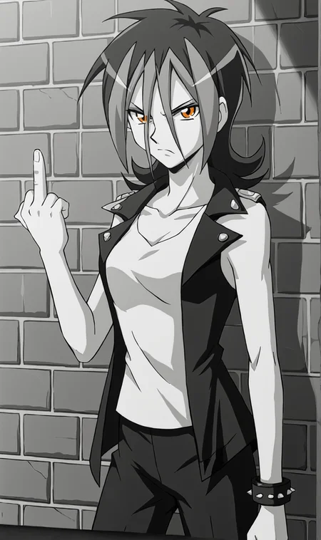 Dextra, 1girl, solo, multicolor hair, messy hair, orange eyes, eyeshadow, leather biker coat, white tank top, leather pants, spikes, chains, alleyway, brick walls, dark, shadows, leaning against wall, looking at viewer, angry, hand up, middle finger extended, monochrome, greyscale, <lora:Dextra Pony XL:0.8>