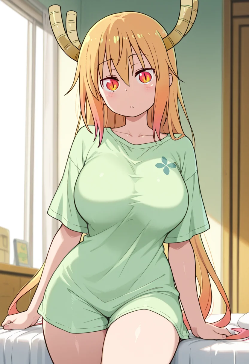 best quality, masterpiece, absurdres, tohru \(maidragon\), sleepwear, green t-shirt, <lora:tohru_maidragon:1.2>