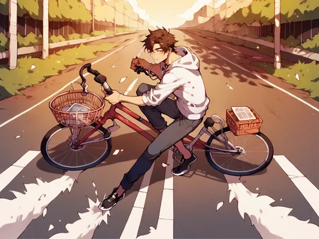 score_9, score_8_up, score_7_up, score_6_up, score_5_up, <lora:AkiraslideXLP2:0.6> akira slide, bicycle, ground vehicle, 1boy, bicycle basket, hoodie, bike, bicycle, solo