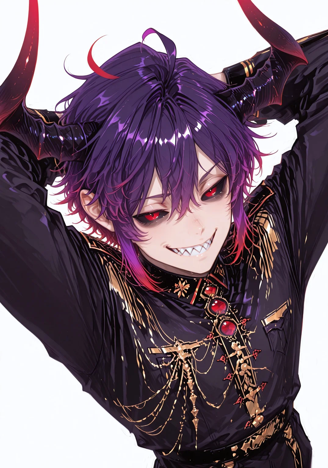 masterpiece, best quality, amazing quality,, lazypos, high_detail,
1boy, solo male, male, male focus, mature male, Demon horns, red eyes, black sclera, gradient hair, purple hair, red hair, military uniform, black clothes, short hair,,
Simple background, white background,,
smug, sharp teeth, teeth, smile, >:), from above, leaning back, arms behind head, bags under eyes,