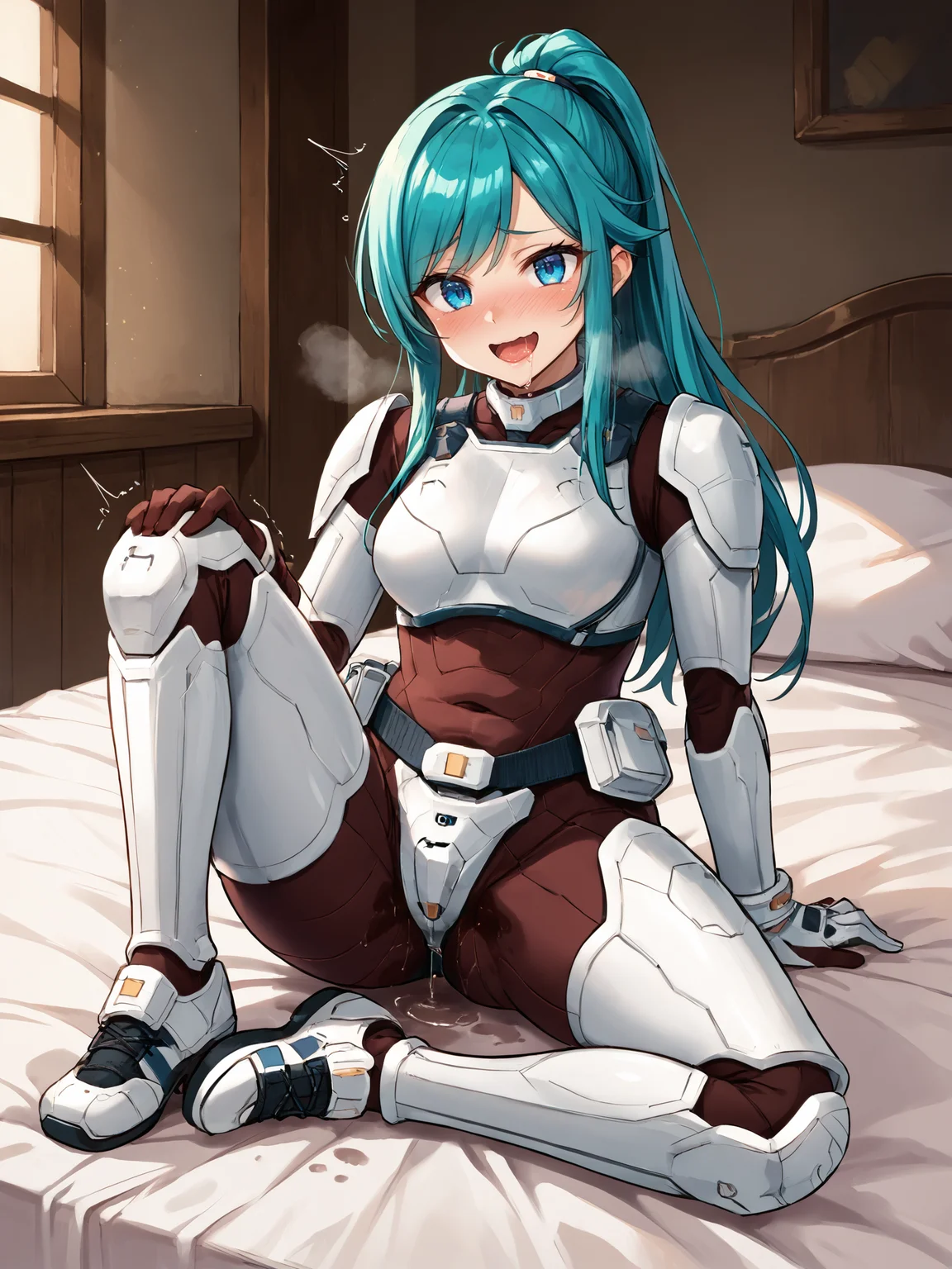 score_9, score_8_up, score_7_up, <lora:offset_0.2:0.1>, <lora:spo_sdxl_10ep_4k-data_lora_webui:1>, BREAK,
1girl, solo, source_anime, BREAK,
terraformarsmoviebodysuit, armored bodysuit, black bodysuit, white armor, boobplate, shoulder pads, wrist guards, black gloves, white gloves, utility belt, belt pouch, hip armor, (crotch plate:1.5), thigh armor, knee pads, shin guards, armored shoes, <lora:Terraformars:1>, BREAK,
(swept bangs:1.1), aqua hair, sidelocks, long ponytail, blue eyes, straight hair, BREAK,
embarrassed, wavy mouth, smile, full-face blush, looking at viewer, torogao, open mouth, tongue out, saliva, heavy breathing, BREAK,
sitting, on bed, spread legs, leg up, (twitching, trembling:1.2), pussy juice stain, pussy juice drip through clothes, pussy juice puddle, excessive pussy juice, BREAK,
full body, indoors, bedroom