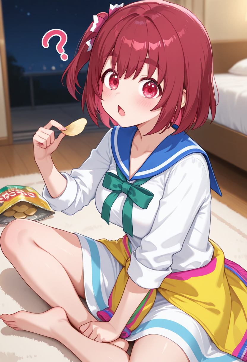 1girl,solo,<lora:nadeshikoil:0.9>,igarashi_nadeshiko,red eyes,short hair,one side up,red hair,ribbon,dress,sailor dress,clothes around waist,blue sailor collar,looking_at_viewer,cowboy_shot,from_side,smile,open mouth,night,incredibly absurdres,masterpiece,best quality,good quality,newest,sitting,bedroom,carpet,barefoot,indian_style,potato_chips,eating,chestnut mouth,ï¼,