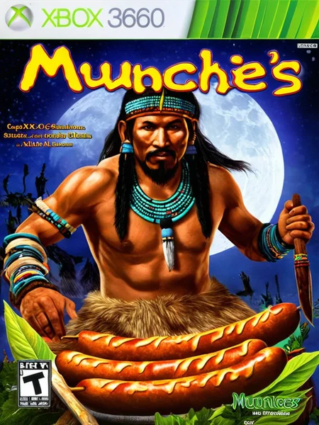 xb0xc0ver, detailed, masterpiece,xbox360 video game cover of a mystical shaman summoning sausage in a tribal ritual under a full moon (text "MUNCHIES") <lora:Xbox360Cover4:0.9>