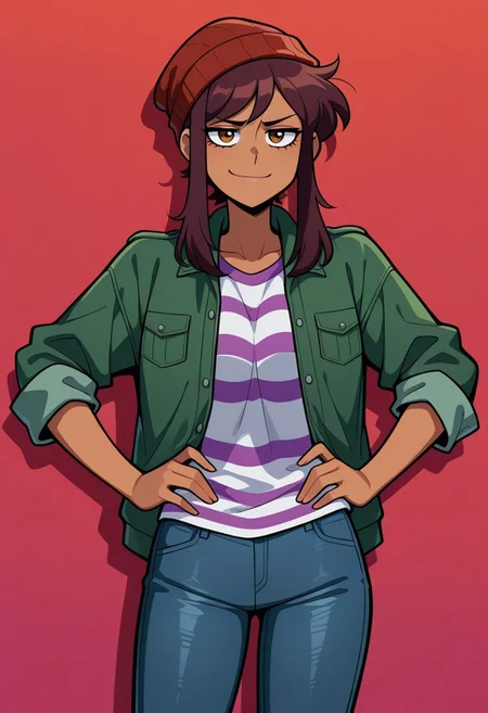 masterpiece, best quality, highres, BREAK, betaluz, 1girl, solo, dark-skinned female, brown eyes, brown hair, short hair, long bangs, red beanie, green jacket, open jacket, striped shirt, jeans, confident, looking at viewer, furrowed brow, smile, hands on hips, standing, cowboy shot