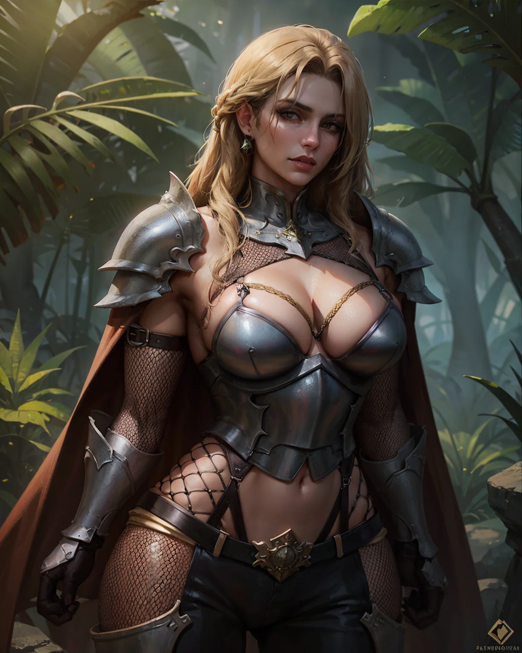 cowboy shot of warrior lady in fishnet black armor, pauldrons, boobplate, golden frills, muscular, armored pants, cape, jungle outdoors, volumetric lighting, best quality, masterpiece, realistic