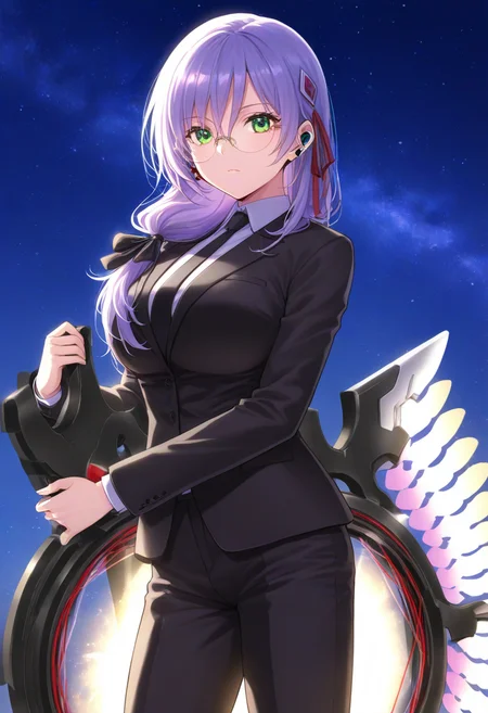 best quality,
source_anime, highres, total body (best quality), finely detail, night sky 1girl, izmyk, long hair, purple hair, (hair down:1.2), bangs, hair between eyes, green eyes, large breasts, hair over shoulder, low ponytail, hair ribbon, hair ornament black suit, black jacket, white shirt, collared shirt, black necktie, round eyewear, earpiece, holding seraph, black pants, black high heels<lora:izumiyuki_IL_XL_V1:1>