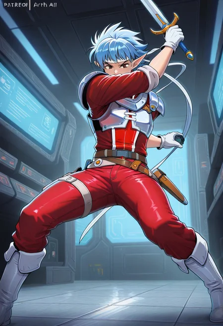 masterpiece, best quality, amazing quality, ARTHIL, 1boy, male focus, brown eyes, with elf ears, blue hair, long white headband, silver shoulder armor, shiny armor, white breastplate, red shirt, sleeves rolled up, red jeans, holster belt, white gloves, white boots, action pose, sword, sci-fi background, solo, indoors