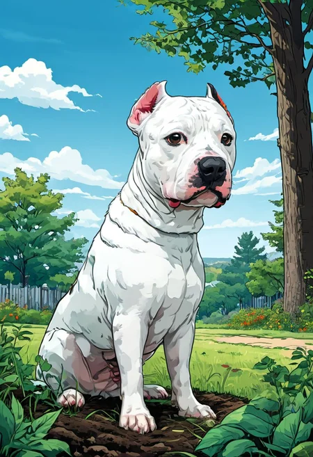 cartoon comic {A White Pitbull Dog portrait, suburban background, trees, grass, dirt, blue sky with fluffy white clouds} . graphic illustration, comic art, graphic novel art, highly detailed, vibrant colors, 8k, sharp, professional, clear, high contrast, high saturated, vivid deep blacks, crystal clear,