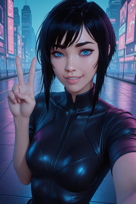 <lora:Mia:1> 1girl, miawl, black hair, short hair, blue eyes
cyberpunk clothes, arm out selfie, wink, v,
dynamic pose,
<lora:Cyberpunk_Architecture_(Architecture)_(Illustrious)_(AD):1>cyberpunk city, panorama,, masterpiece,best quality,amazing quality,newest, absurdres, highres, detailed eyes, beautiful, perfect eyes, finely detailed face, very aesthetic,, anime coloring, anime screencap,