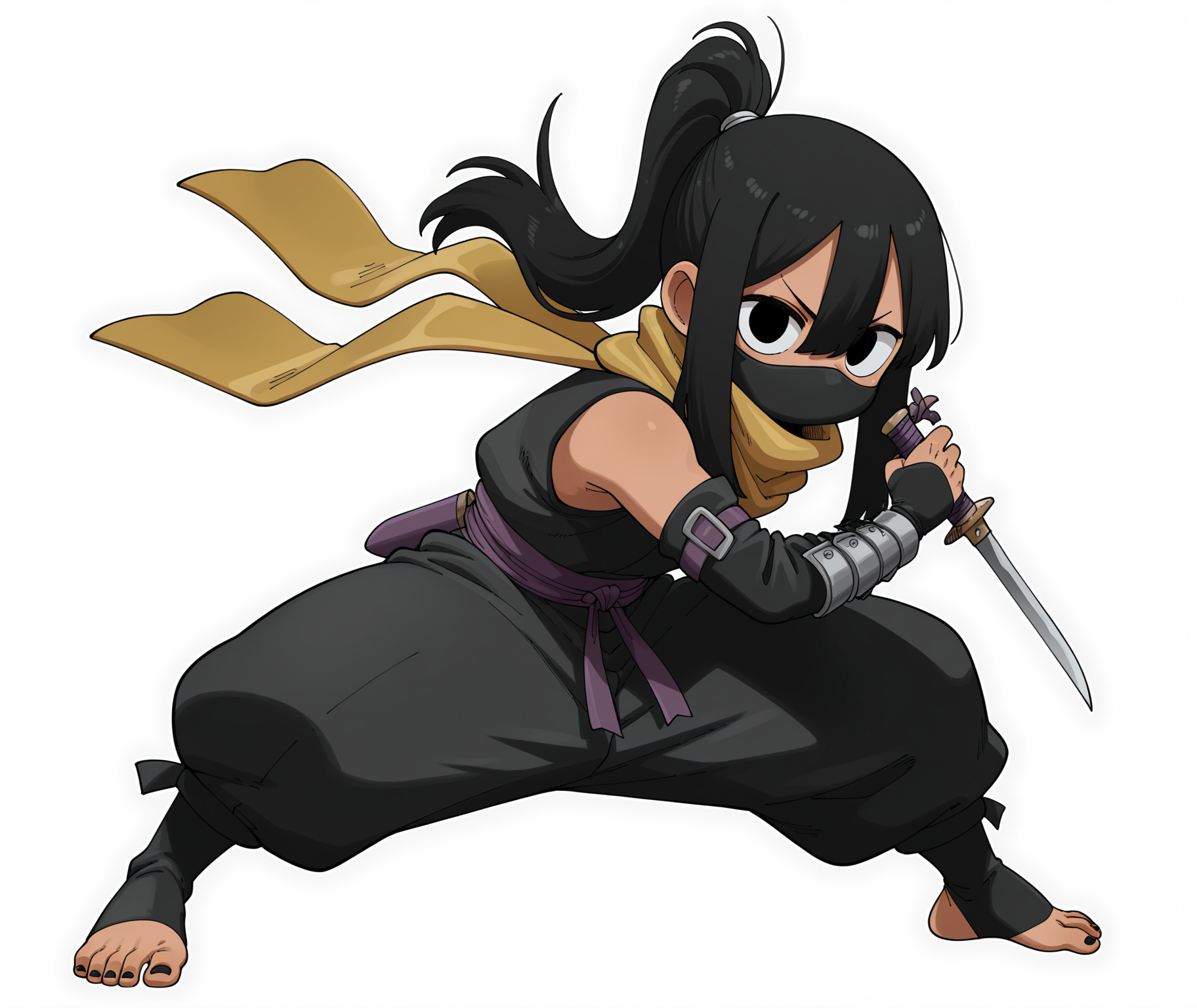 masterpiece, best quality, amazing quality,dagger, nail polish, toenail polish, looking at viewer, NWStyle, ponytail, covered mouth, holding weapon, long hair, yellow scarf, holding dagger, reverse grip, child, black nails, toenails, black pants, black hair, feet, simple background, white background, 1boy, sidelocks, black mouth mask, black ninja mask, japanese clothes, stirrup legwear, full body, dark-skinned male, NWLLSon, black eyes, detached sleeves, toes, toeless legwear, fighting stance, hair between eyes, hair tie, <lora:IllustriousNWStyleV1:0.8>