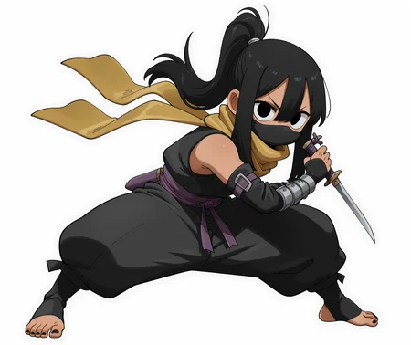 masterpiece, best quality, amazing quality,dagger, nail polish, toenail polish, looking at viewer, NWStyle, ponytail, covered mouth, holding weapon, long hair, yellow scarf, holding dagger, reverse grip, child, black nails, toenails, black pants, black hair, feet, simple background, white background, 1boy, sidelocks, black mouth mask, black ninja mask, japanese clothes, stirrup legwear, full body, dark-skinned male, NWLLSon, black eyes, detached sleeves, toes, toeless legwear, fighting stance, hair between eyes, hair tie, <lora:IllustriousNWStyleV1:0.8>