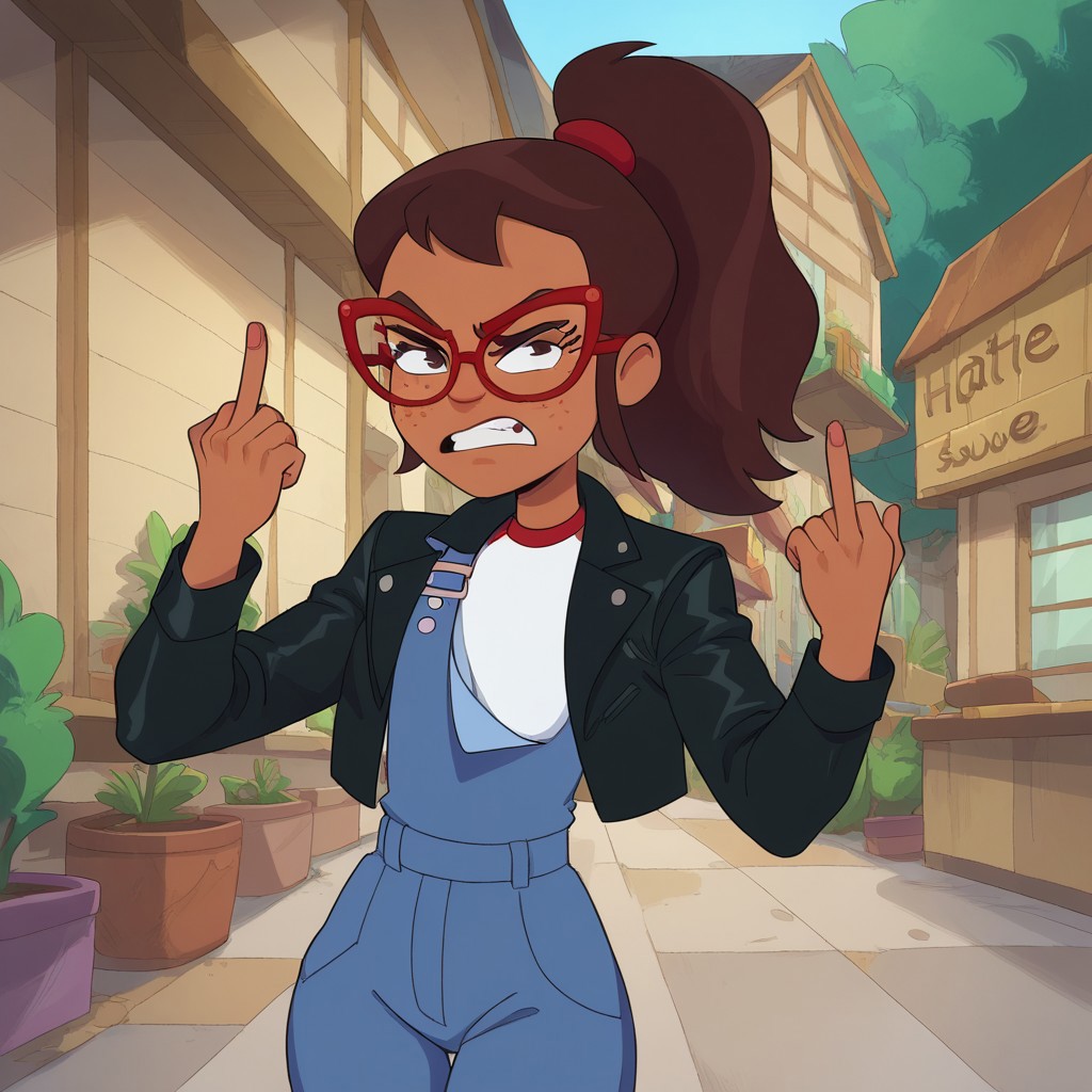 score_9, score_8_up, score_7_, Hailey, Dark-skinned female, Freckles, Brown Hair, Overalls,Shirt, red-framed eyewear, Glasses, wide hips, Leather Jacket, angry look,Middle finger, 1girl, solo