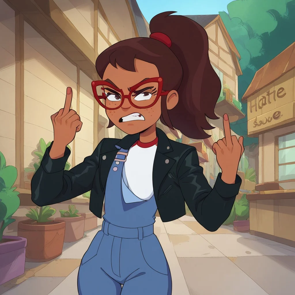 score_9, score_8_up, score_7_, Hailey, Dark-skinned female, Freckles, Brown Hair, Overalls,Shirt, red-framed eyewear, Glasses, wide hips, Leather Jacket, angry look,Middle finger, 1girl, solo
