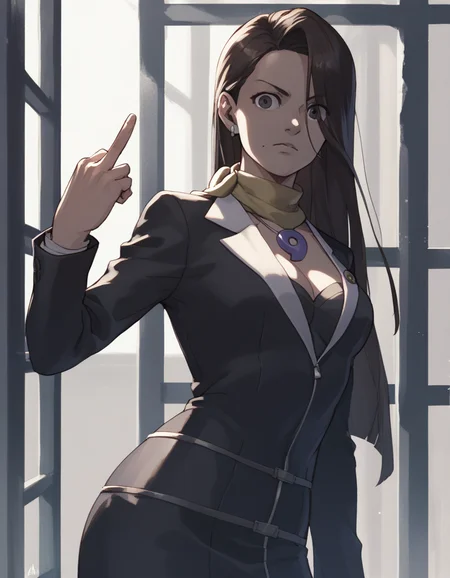 score_9, score_8_up, score_7_up, score_6_up, score_5_up, score_4_up,
<lora:mia-fey-aa-ponyxl-000070:0.8> aamia, black jacket, suit jacket, skirt suit, (black bustier:0.8), scarf, magatama necklace,
furrowed brow, shadow over face, middle finger, looking at viewer, prison