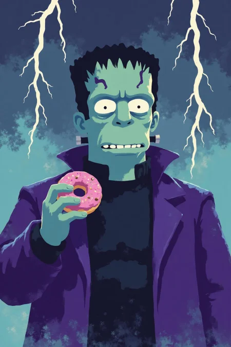 i11ustmin Illustration of Homer Simpson dressed as Frankenstein, eating a doughnut during a thunderstorm <lora:minimalist_flat_illustration_nbm:1.0><lora:797681925159453864:0>
