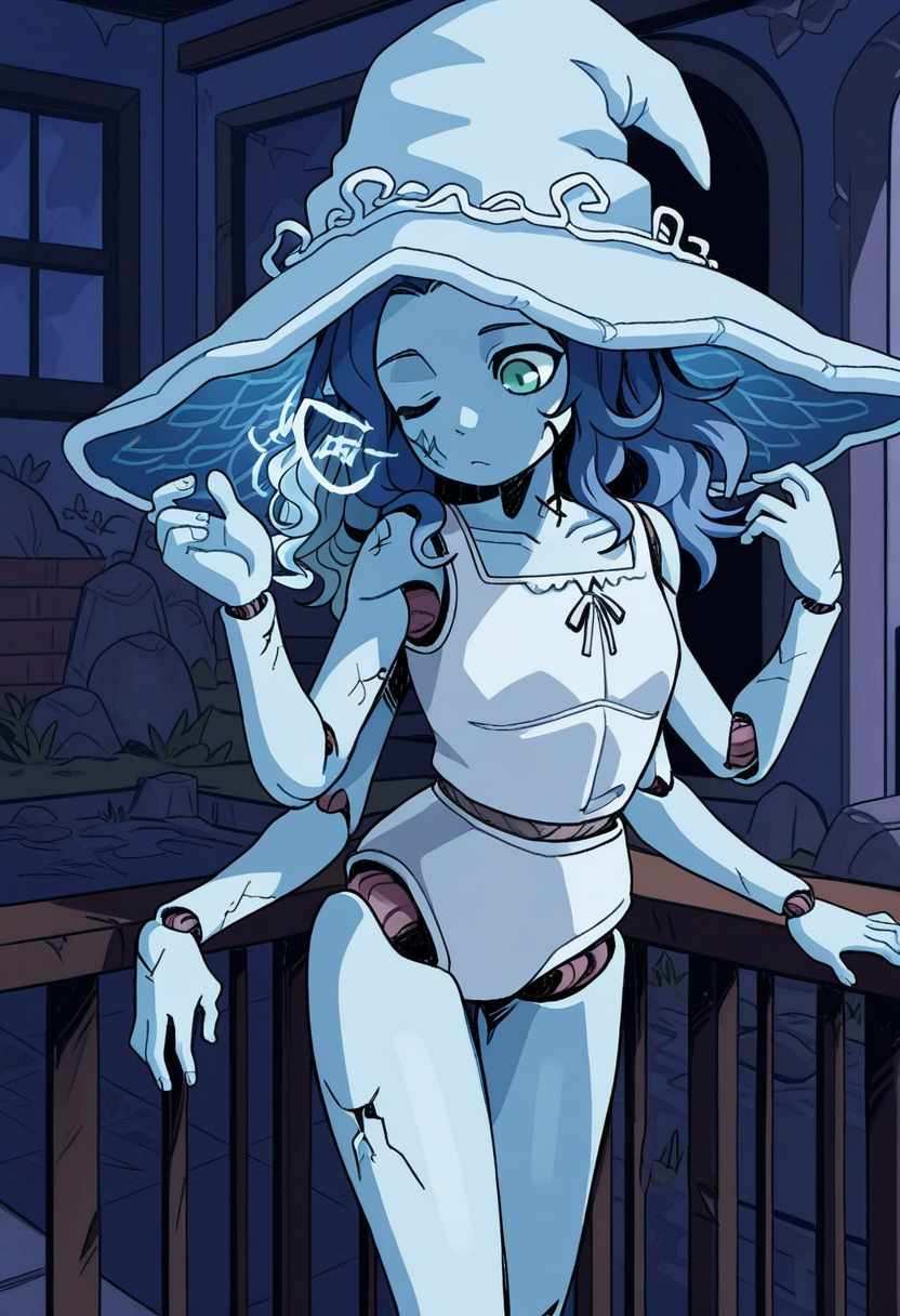blorstyle,   masterpiece,  best quality, solo, ranni the witch, , hat, CRACKED SKIN, DOLL JOINTS, ONE EYE CLOSED, FOUR ARMS,, short, balcony, fantasy land,