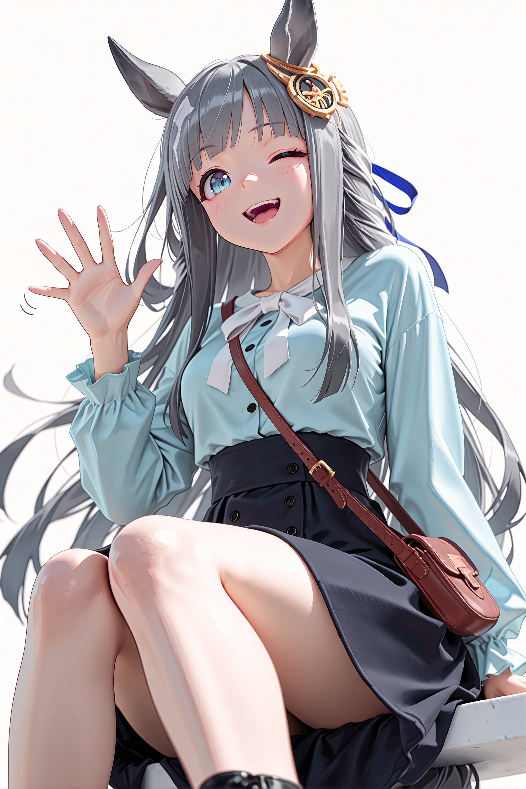 1girl, solo, chrono genesis \(umamusume\), horse girl, 
casual, blue ribbon, white ribbon, light blue shirt, high-waist skirt, long sleeves, shoulder bag, black footwear, 
smirk, one eye closed, open mouth, 
sitting, waving, 
cowboy shot, from below, 
white background, looking at viewer, 
<lora:chronogenesisillv2:0.9>, 
masterpiece, best quality, amazing quality, very aesthetic, absurdres, highres, newest, <lora:xl_saturation_slider:0.1>, <lora:illustriousXLv01_stabilizer_v1.164:0.4>, <lora:reduce_wrinkles_illstriouosv0.1_ADDifT_2_in_1_v1.2:0.9>,