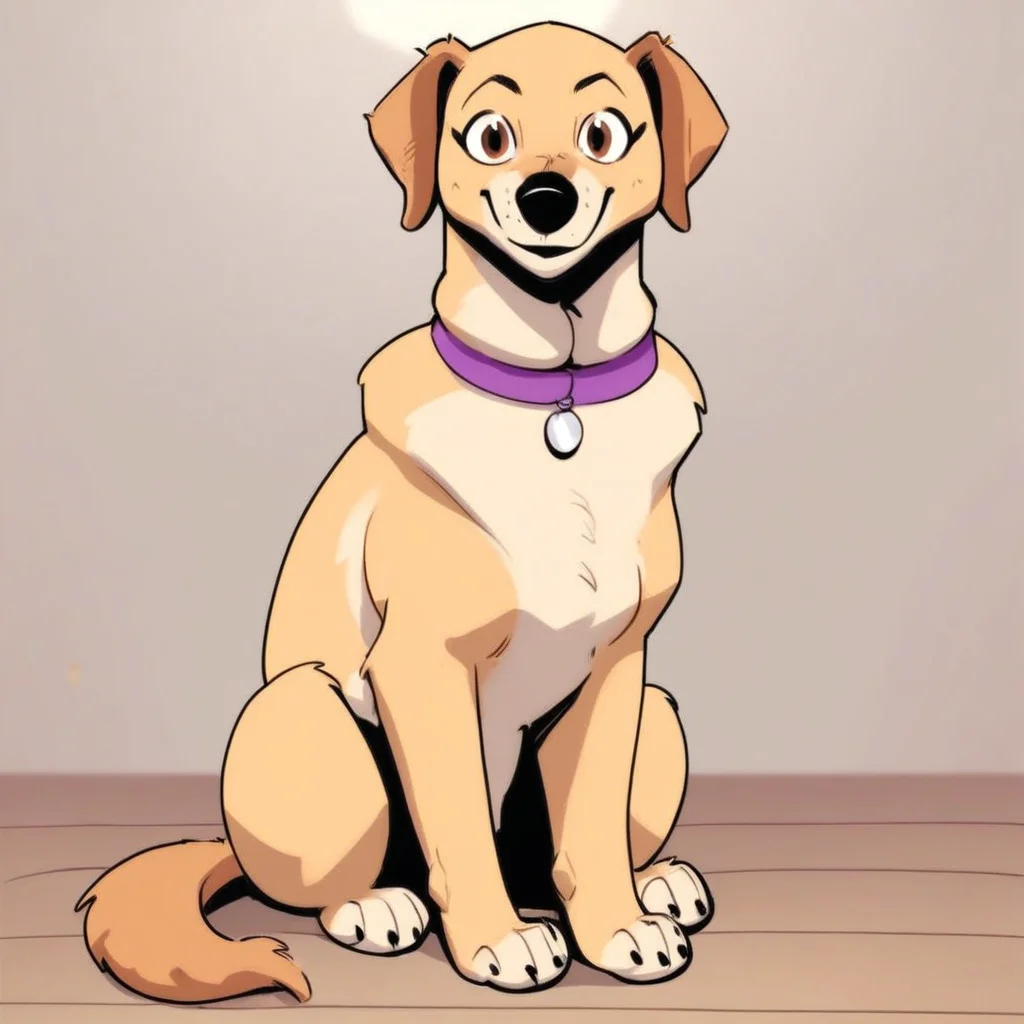 score_9, score_8_up, score_8, score_7, source_cartoon, Lola(P/B), Solo, 1girl, feral, dog, Labrador retriever, yellow fur, brown eyes, black nose, dog tail, dog ears, purple collar, looking at viewer, full body, smiling, sitting, living room background
