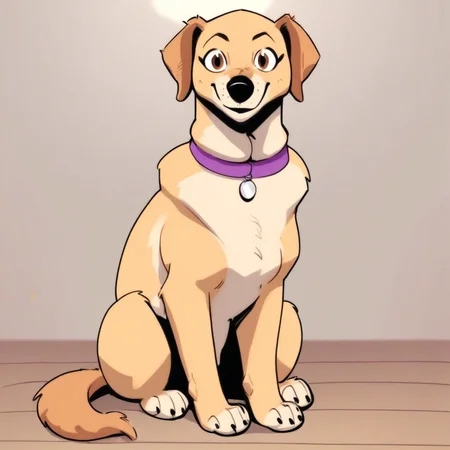 score_9, score_8_up, score_8, score_7, source_cartoon, Lola(P/B), Solo, 1girl, feral, dog, Labrador retriever, yellow fur, brown eyes, black nose, dog tail, dog ears, purple collar, looking at viewer, full body, smiling, sitting, living room background