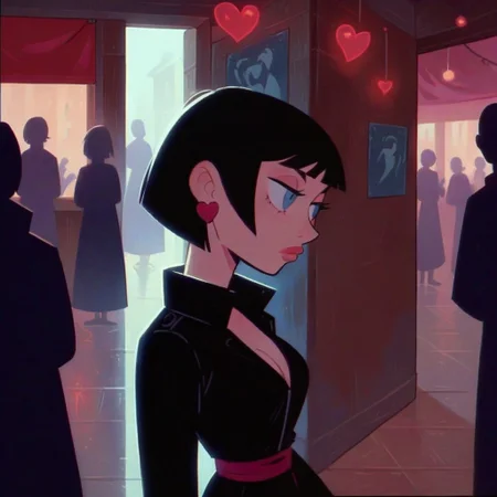 Expressiveh, score_9, score_8_up, score_7_up, solo, ke4n3PPG, wide waist, short hair, black hair, hair bob, blue eyes, normal face, expressionless face, cleavage,
, walking alone, side view, from waist above, black winter dress, valentine party, interior, crowd, happy crowd, ral-vltne, heart decorations,